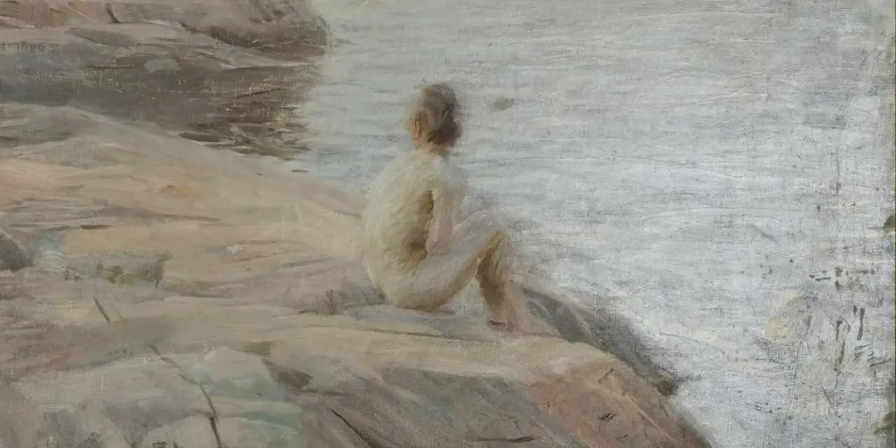 En ung person sitter på en klippa vid vattnet, fångad i Anders Zorns karaktäristiska ljus.