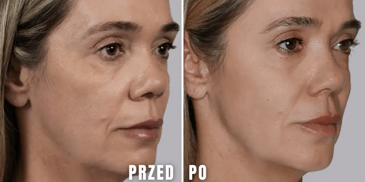 Przed i po zabiegu juvelook pod oczy. Skóra wokół oczu wygładzona, zmarszczki zredukowane.
