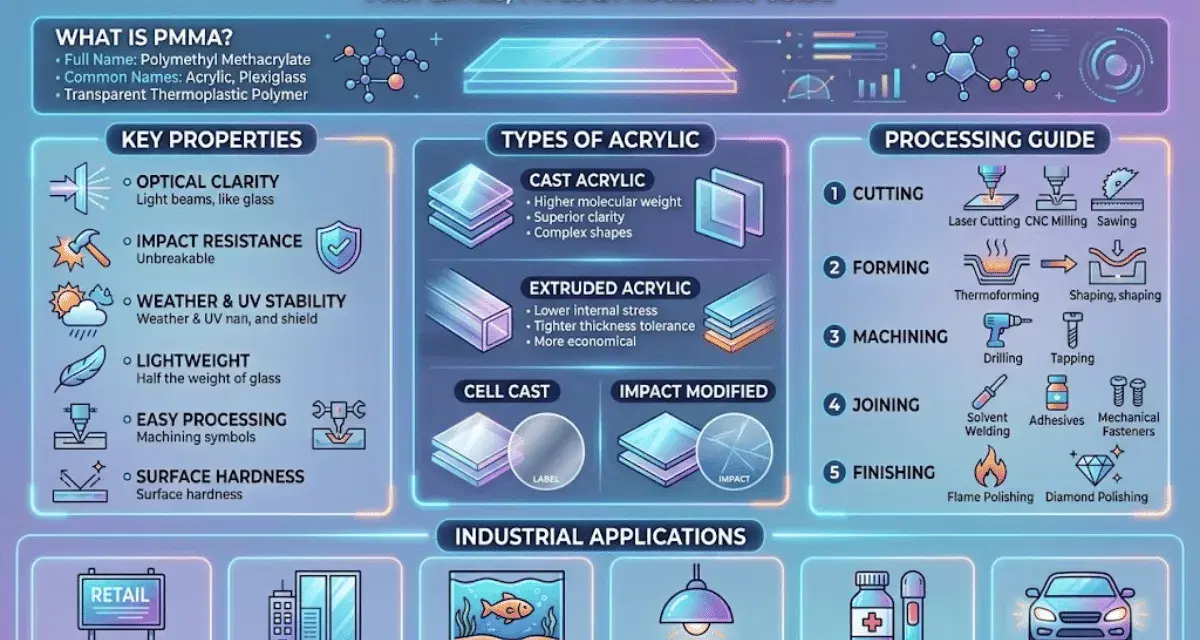 Acrylic, made of polymethyl methacrylate, offers optical clarity, impact resistance, and is lightweight. This guide details its properties, types, and processing.