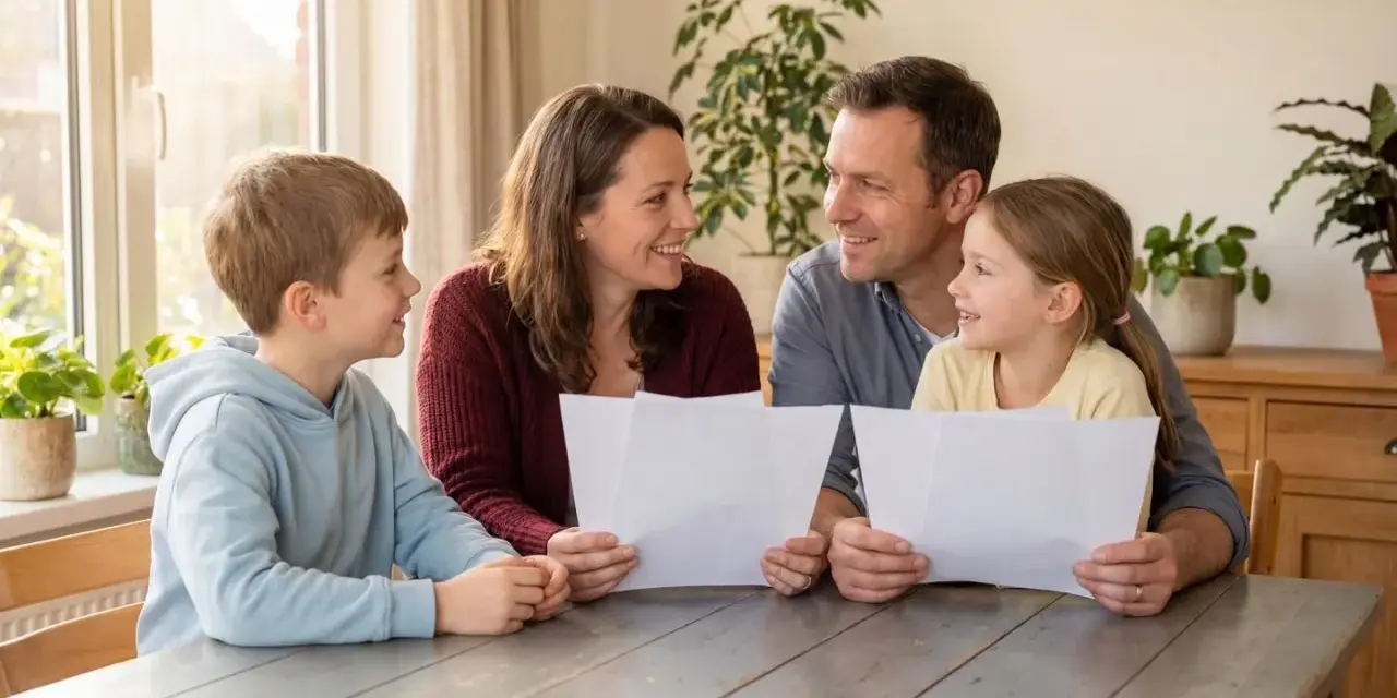 Familie bespricht Dokumente, vielleicht zur Absicherung des Bezugsrechts einer Lebensversicherung.