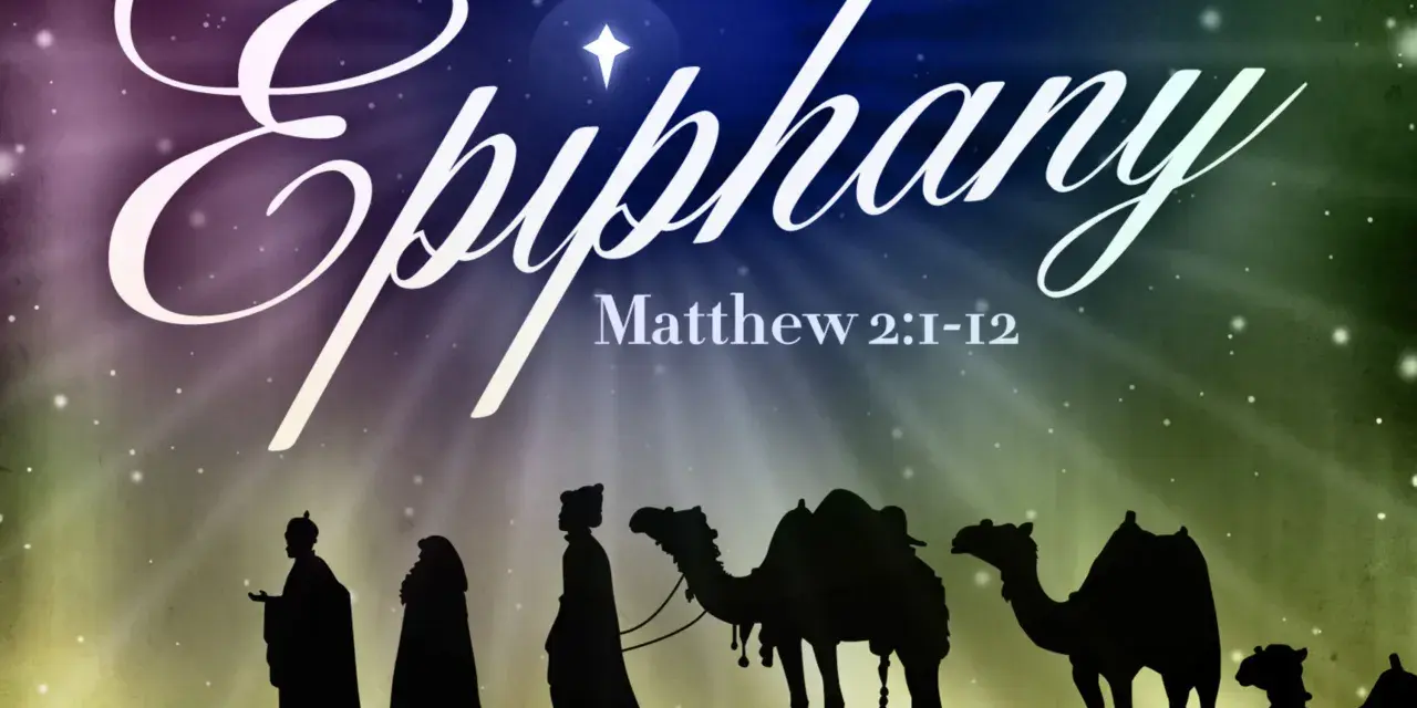 Silhouettes of the Three Wise Men on camels journey under a starry sky, illustrating Catholic homilies on the Epiphany.