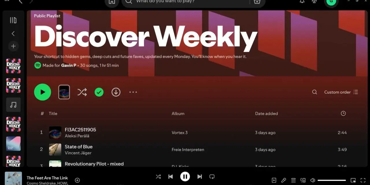 Spotify-Playlist "Discover Weekly" mit Titeln wie "FI3AC2511905" und "State of Blue".