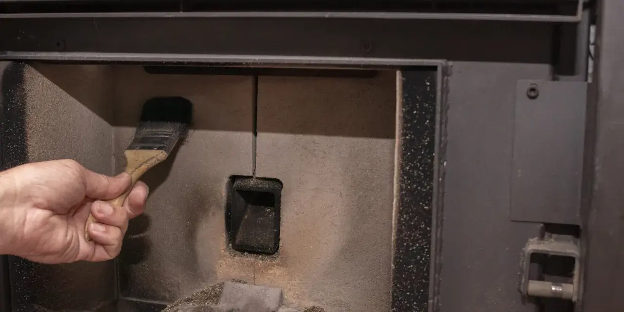 Main d'une personne nettoyant la chambre de combustion d'un poêle à pellet MCZ avec une brosse. Un problème de nettoyage peut causer des dysfonctionnements.