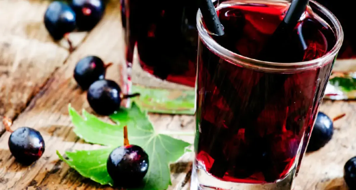 Gläser mit dunklem Johannisbeeren Schnaps, umgeben von frischen Beeren und Blättern auf Holz.