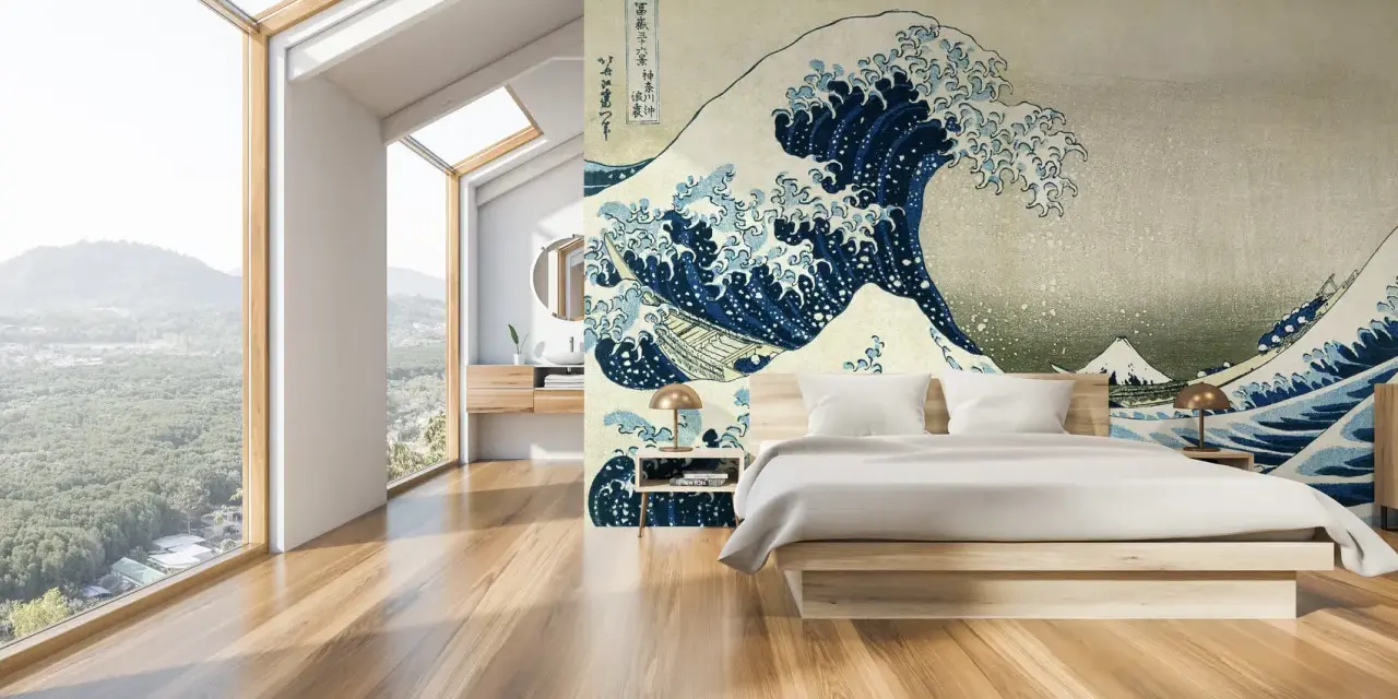 Camera da letto idee originali con un murale ispirato alla Grande Onda di Kanagawa. Un letto moderno e finestre panoramiche completano l'ambiente.
