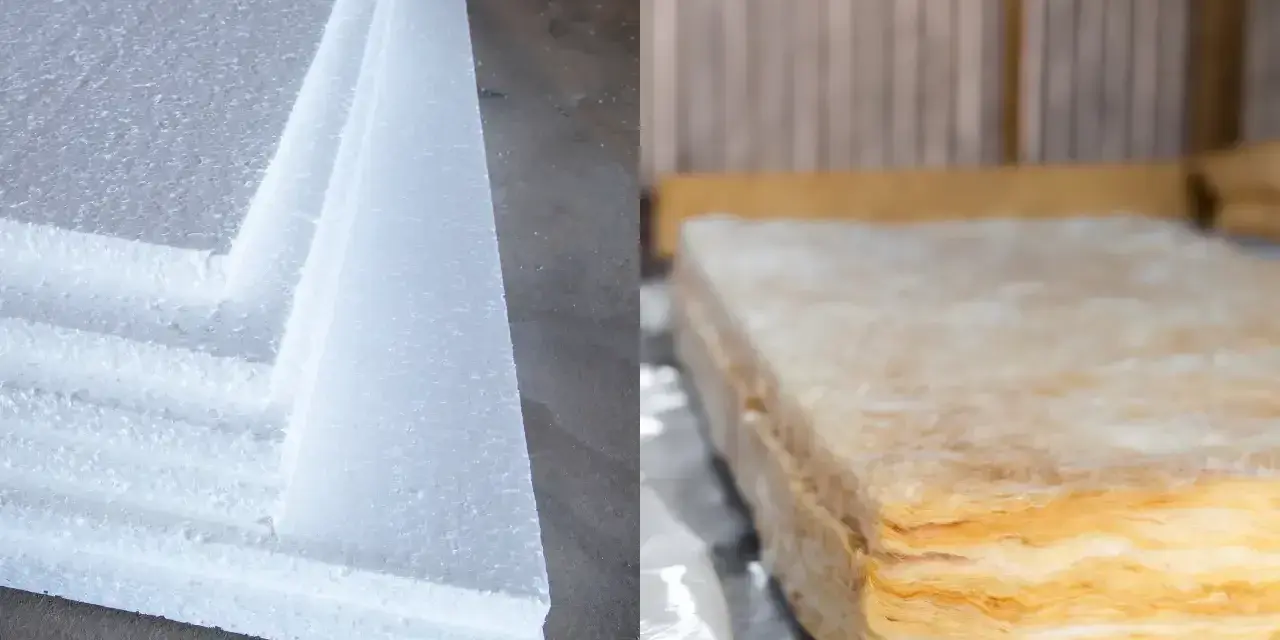 Białe płyty styropianu obok warstwowej wełny mineralnej. Wybór materiału izolacyjnego: wełna czy styropian?