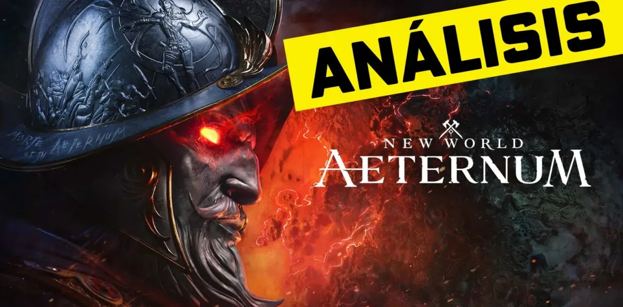 Un personaje con ojos rojos y un casco ornamentado, con el logo de New World Aeternum y la palabra "ANÁLISIS" en amarillo.