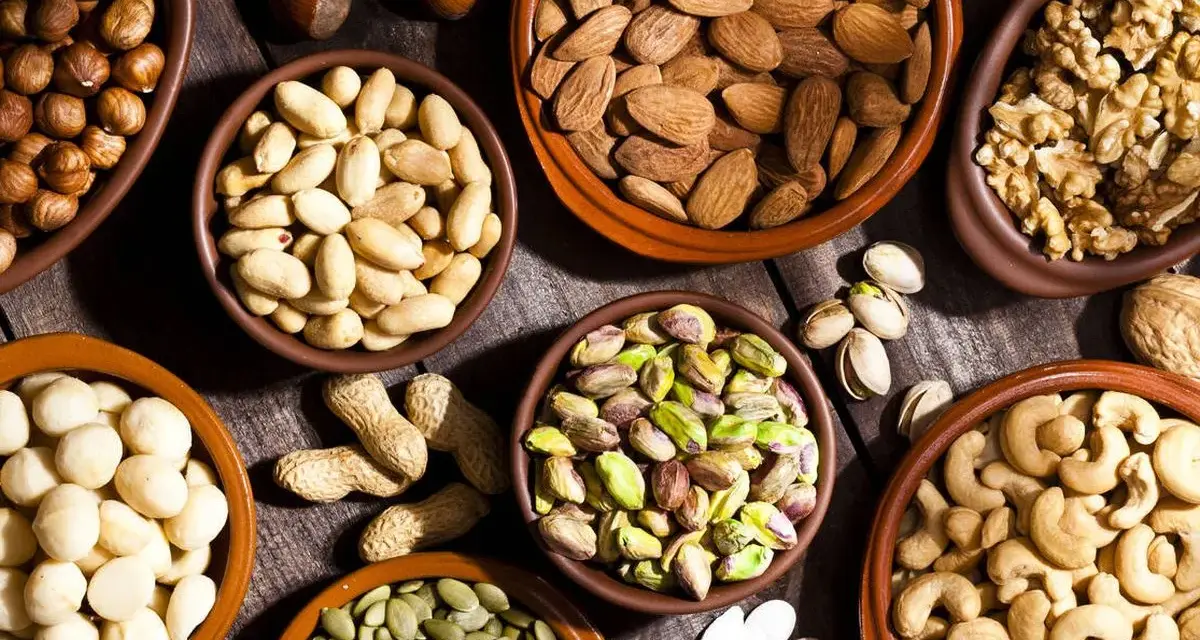 Varios cuencos de barro llenos de frutos secos variados: almendras, nueces, pistachos, anacardos, cacahuetes, avellanas y semillas de calabaza.