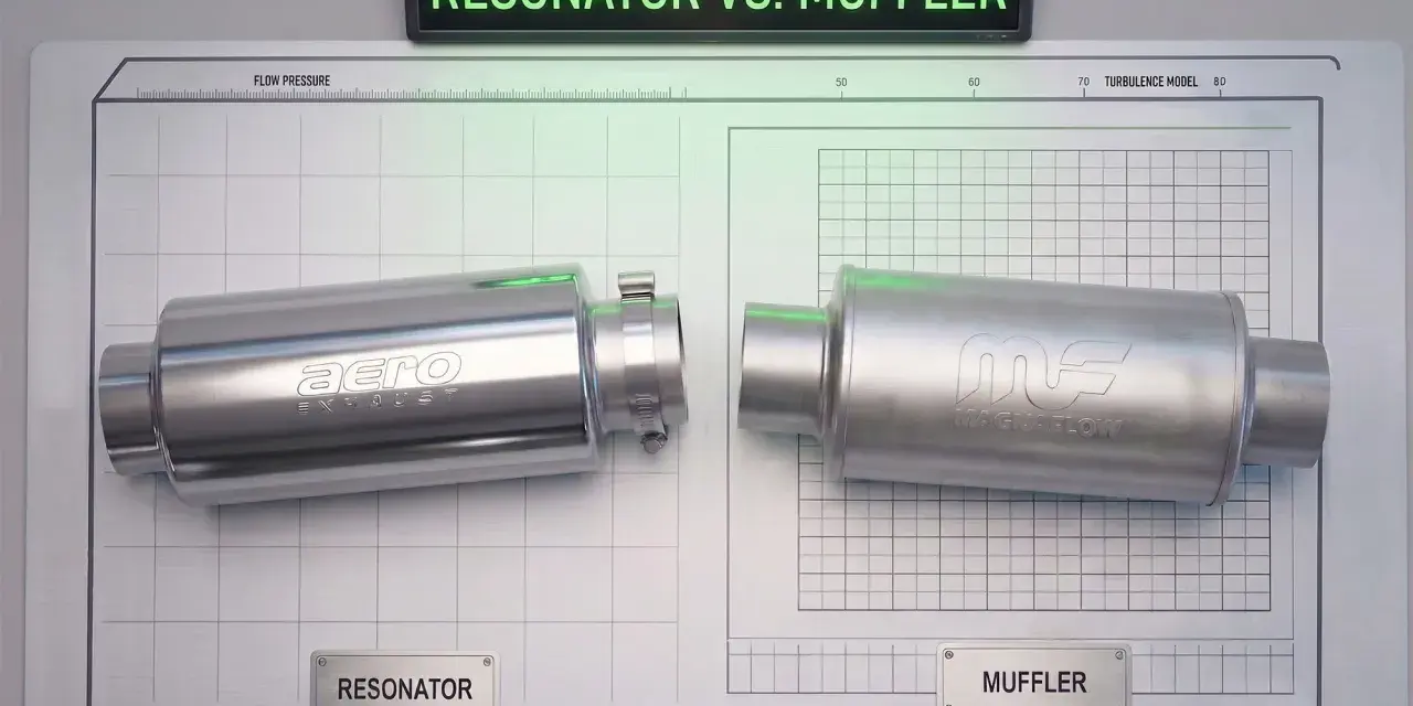 Aero Exhaust resonator and Magnaflow muffler side-by-side, illustrating the resonator vs. muffler debate.