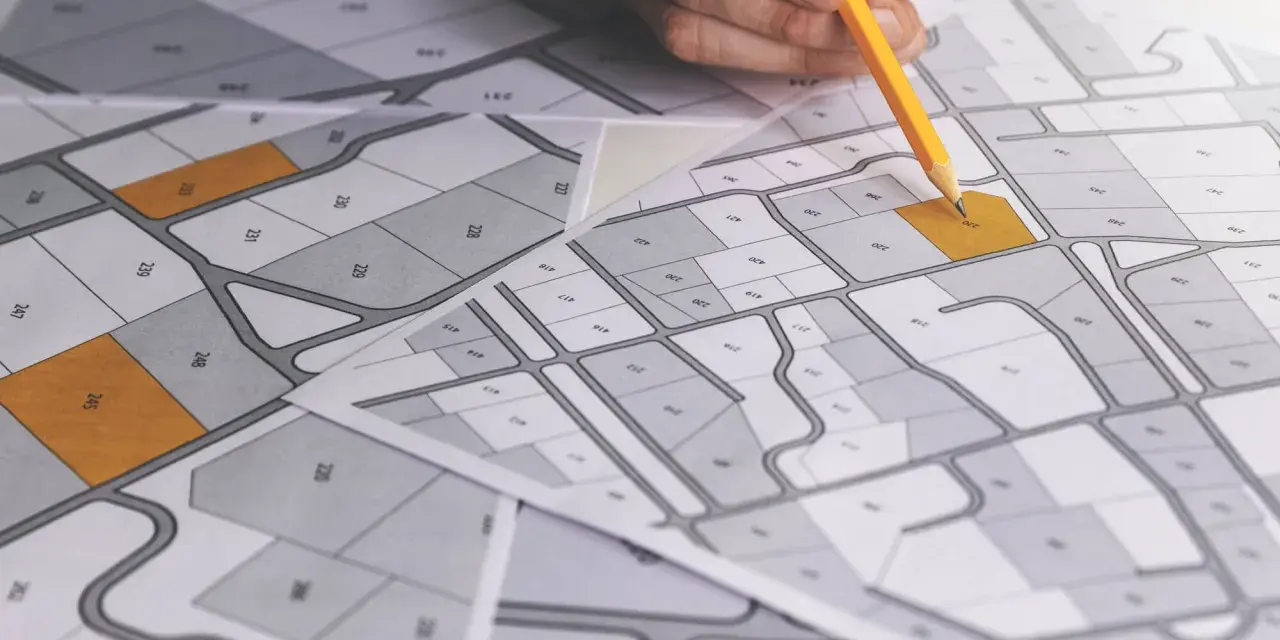Rysunek geodezyjny z zaznaczonymi działkami, ręka z ołówkiem planuje scalenie gruntów.