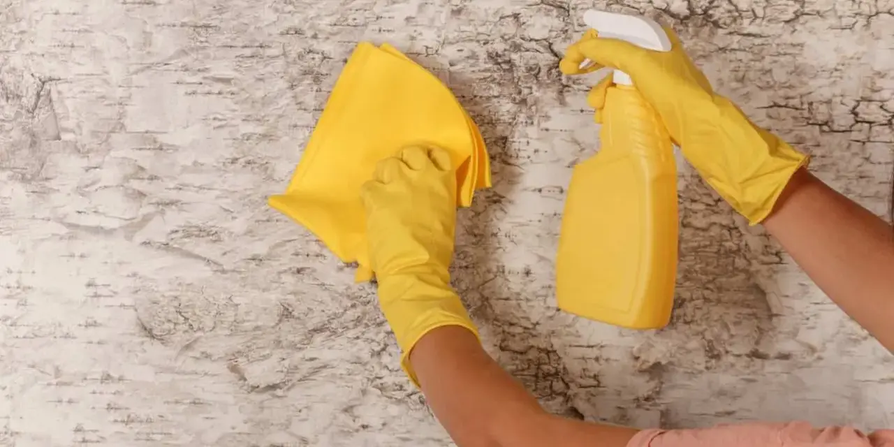 Manos con guantes amarillos limpian paredes con un paño y spray.