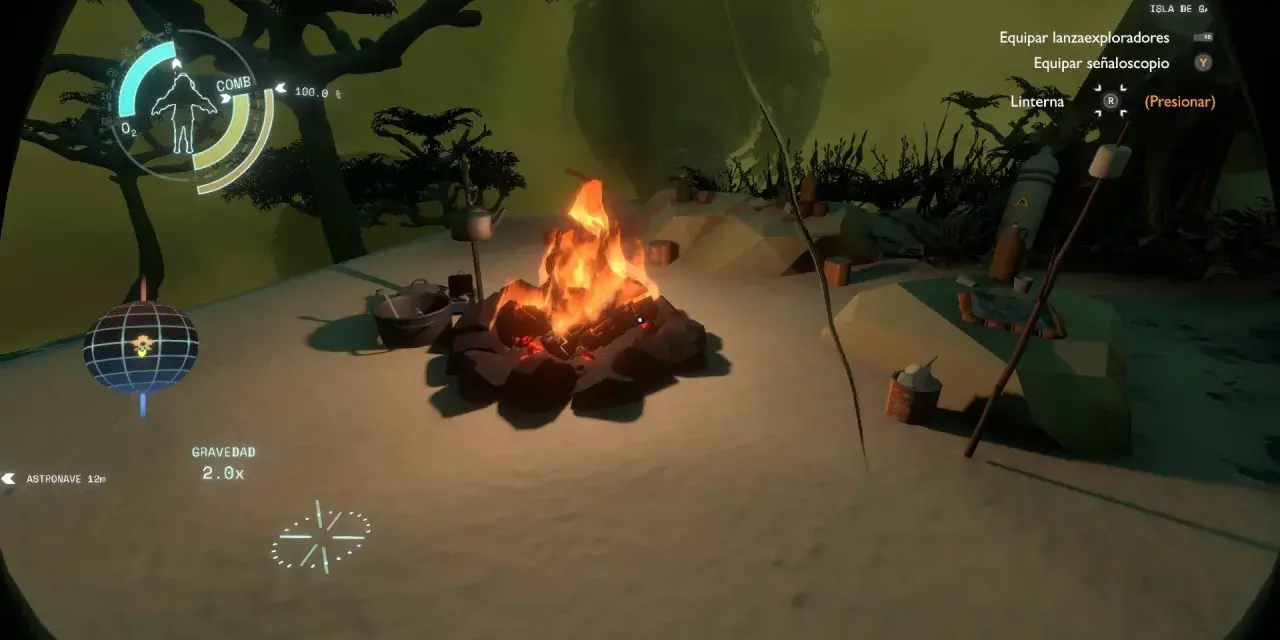 Una fogata en Outer Wilds, con un HUD que muestra la duración de la aventura. El jugador se prepara para explorar.