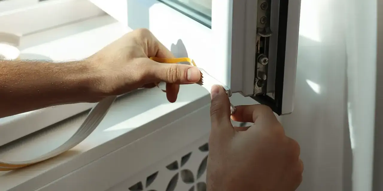 Mani applicano nastro isolante per sigillare le finestre dagli spifferi, migliorando l'isolamento termico.