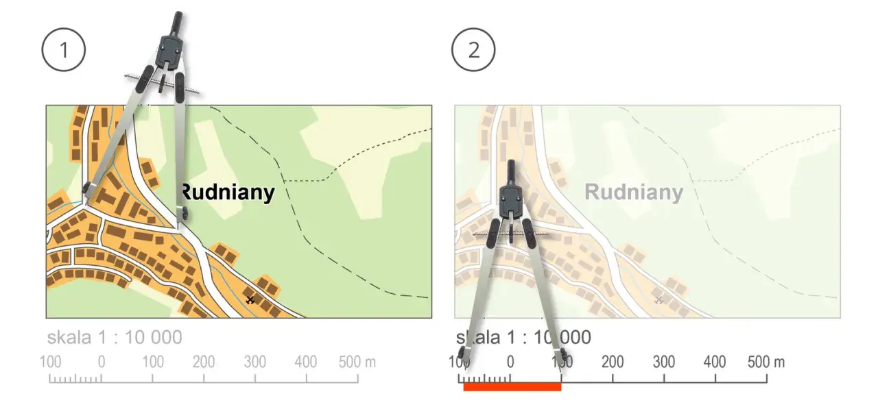 Dwa fragmenty mapy z miejscowością Rudniany, porównujące skalę. Cyrkiel pokazuje tolerancję symetrii w pomiarach.