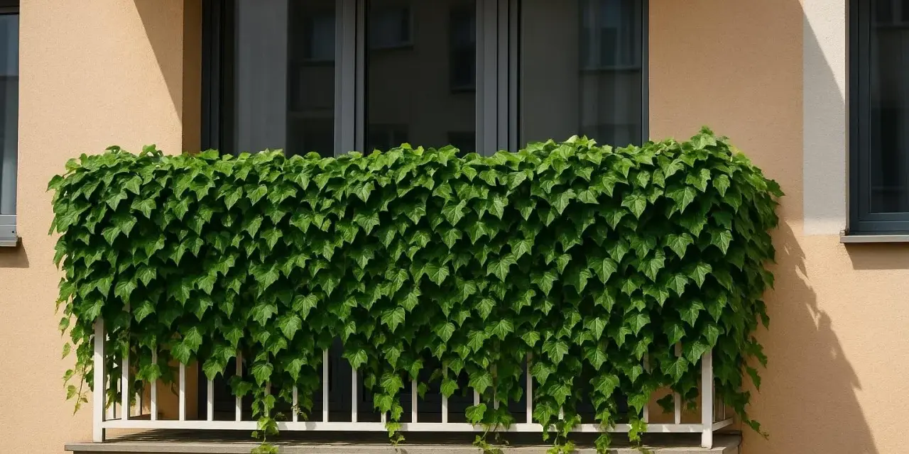 Gęsty bluszcz na balkonie w bloku tworzy zieloną kaskadę, zasłaniając balustradę i okna.