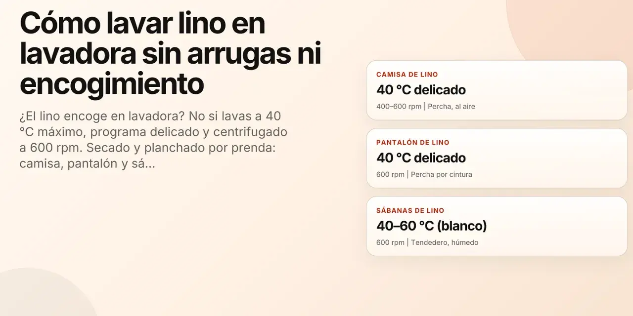 Guía para saber como lavar lino en lavadora sin arrugas ni encogimiento. Incluye consejos para camisas, pantalones y sábanas.