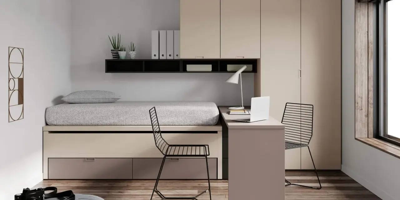 Camera vintage su pouf grigio, letto con contenitore e scrivania. Un perfetto **colore taupe abbinamento** per un ambiente moderno e funzionale.