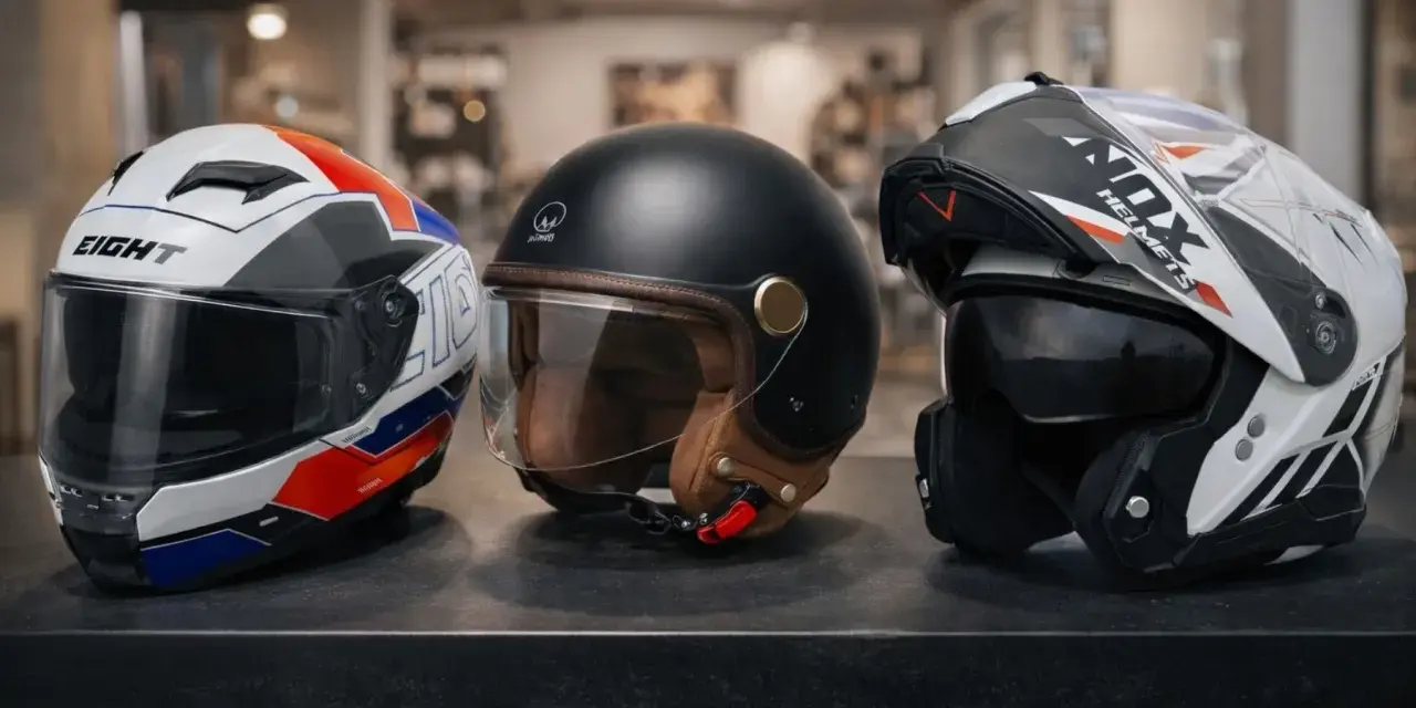 Tre caschi da moto in primo piano: uno bianco con grafiche rosse e blu, uno nero stile retrò con interni in pelle, e uno bianco e nero con visiera scura. La calotta del casco è il dettaglio che cattura l'attenzione.