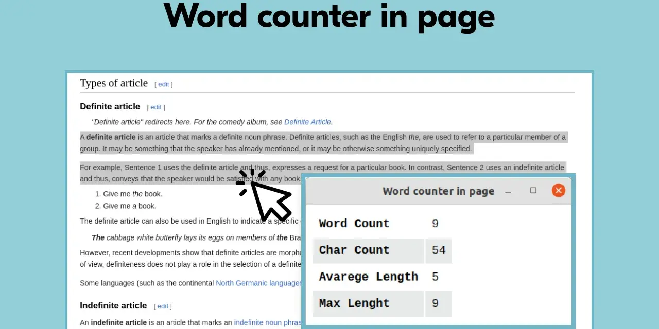 Ventana de "Word counter in page" mostrando 9 palabras por página, 54 caracteres, longitud promedio 5 y longitud máxima 9.