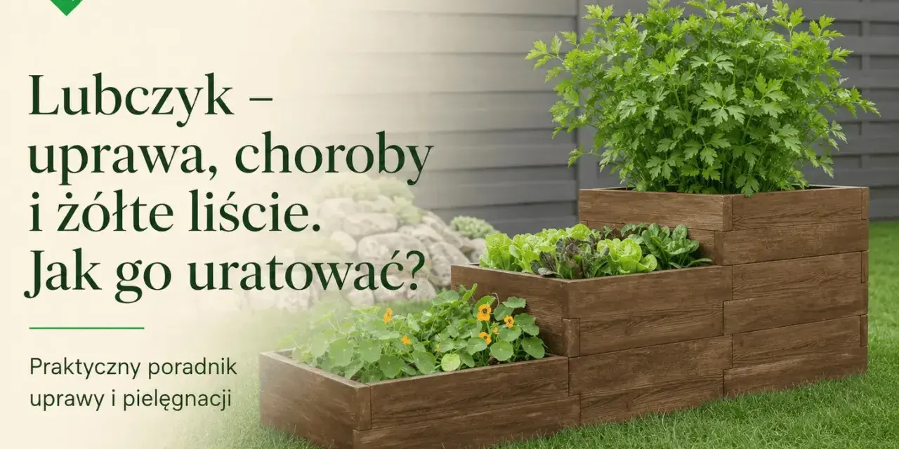 Lubczyk w drewnianej skrzyni, z tekstem o tym, czemu lubczyk żółknie i jak go uratować.