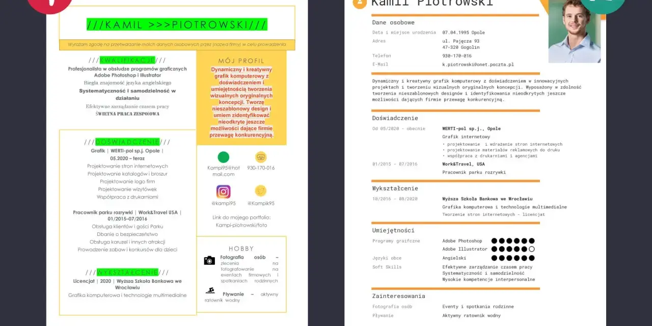 Kamil Piotrowski, grafik komputerowy, z pasją tworzy nieszablonowe projekty. CV zawiera jego doświadczenie i umiejętności.