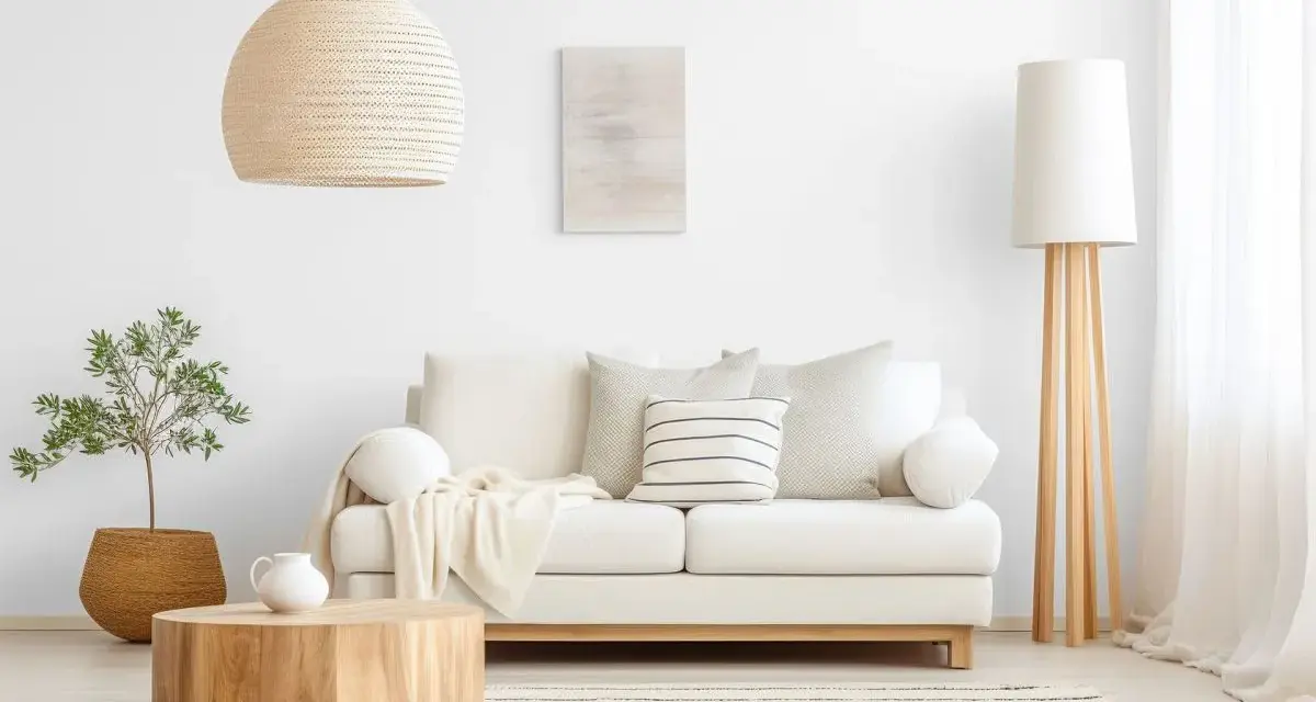 Jasny salon, gdzie kolor biały oznacza spokój i czystość. Sofa, lampa i zasłony tworzą harmonijną całość.