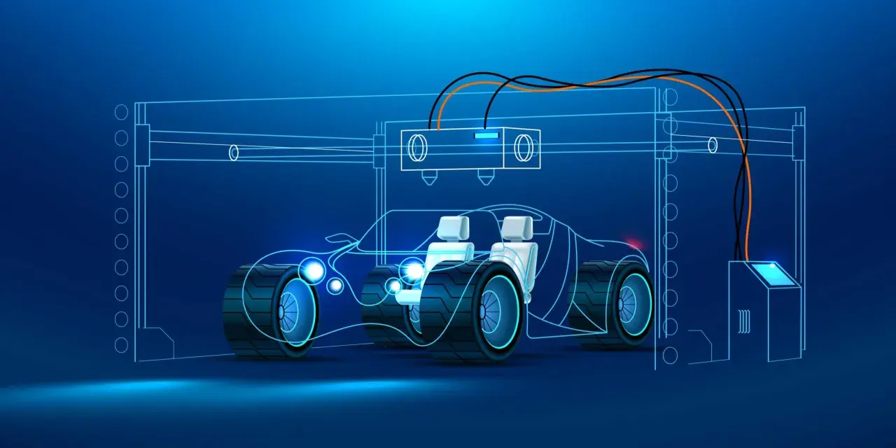 A 3D printer creates a futuristic car outline, showcasing the potential of 3D printing in the automotive industry.