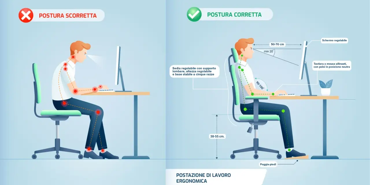 Confronto tra postura scorretta e corretta al computer. Il linguaggio del corpo è fondamentale per una postazione di lavoro ergonomica.