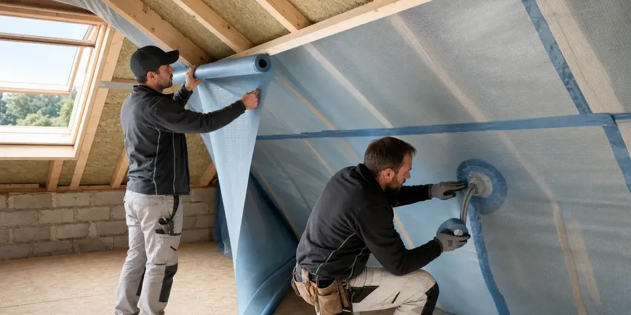 Operai installano membrana traspirante per tetto. La permeabilità al vapore dei materiali è fondamentale per l'isolamento.