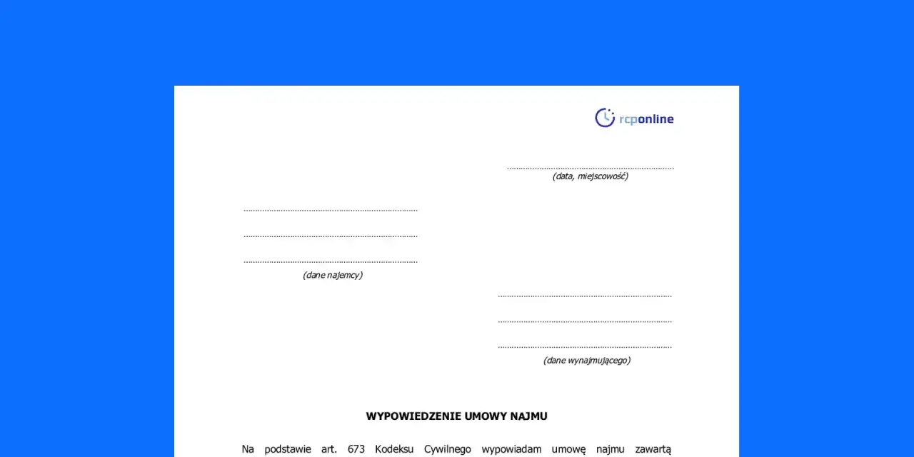 Formularz wypowiedzenie umowy najmu. Dokument zawiera pola na dane najemcy, wynajmującego, datę i miejscowość.