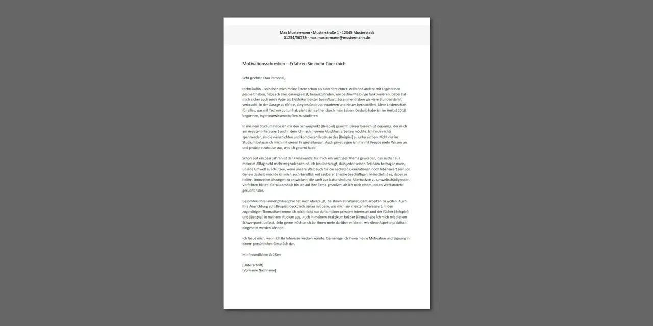 Motivationsschreiben für eine Bewerbung als Werkstudent, das technische Leidenschaft und Umweltbewusstsein hervorhebt.