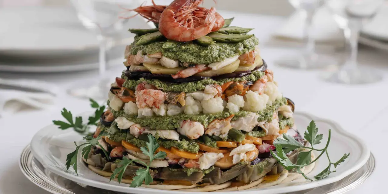 Un maestoso cappon magro a strati, con gamberi, verdure e salsa verde, guarnito con prezzemolo fresco.