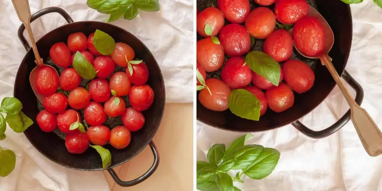 Zarte karamellisierte Tomaten mit frischem Basilikum in einer Pfanne, bereit zum Genießen.