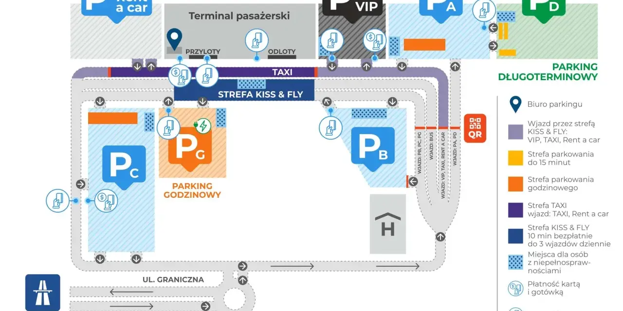 Schemat lotniska we Wrocławiu: parkingi P, VIP, A, D, C, G, strefa Kiss & Fly, taxi, terminal pasażerski, drogi dojazdowe.