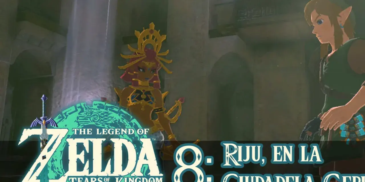 Link y Riju en la Ciudadela Gerudo, bajo un rayo de luz.