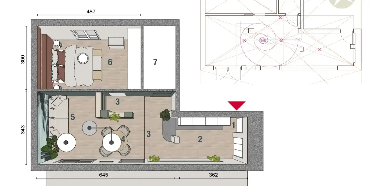 Progetto casa 50 mq: planimetria con arredi, zona giorno, notte e schema tecnico.