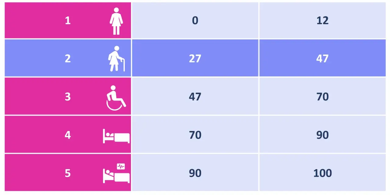 Tabelle zeigt Pflegegrade 1-5 mit Mindest- und Maximalpunktzahlen. Pflegegrad 2 umfasst 27-47 Punkte.