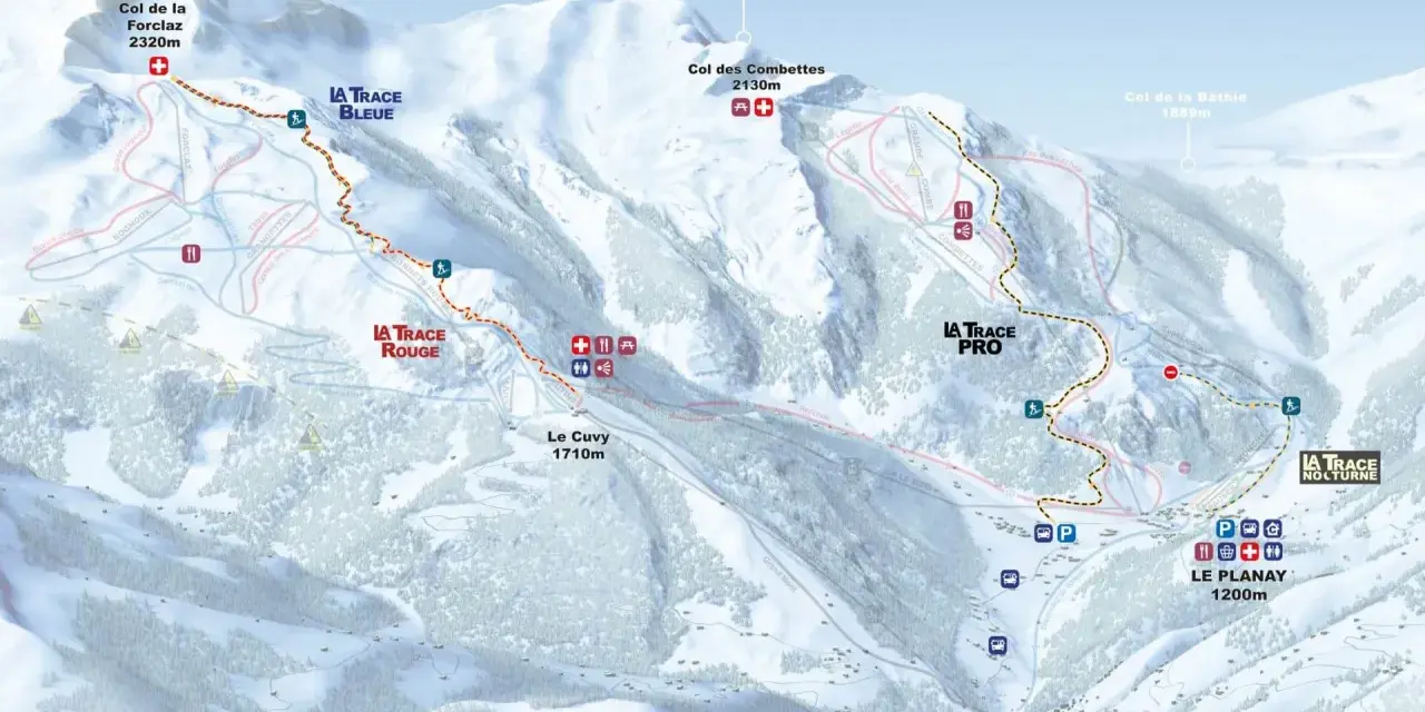 Carte des pistes de ski du massif du Beaufortain, avec les noms des sommets et des tracés de différentes couleurs.