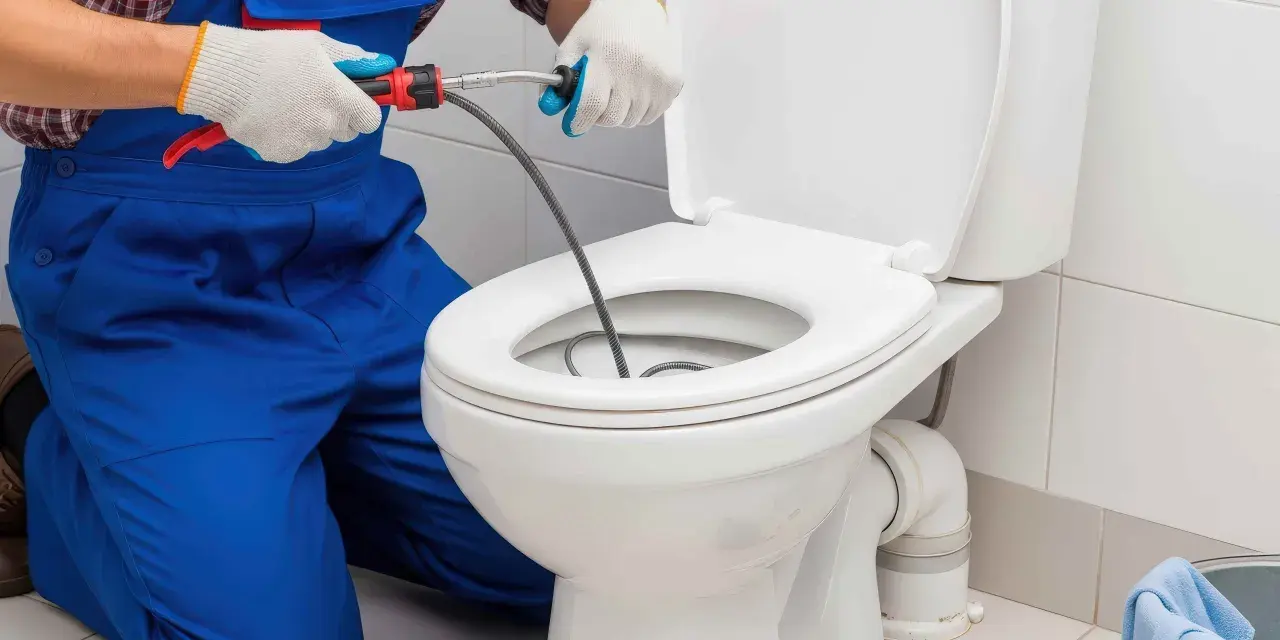Instalator w niebieskim ogrodniczkach używa przepychacza do udrożnienia rury odpływowej WC.