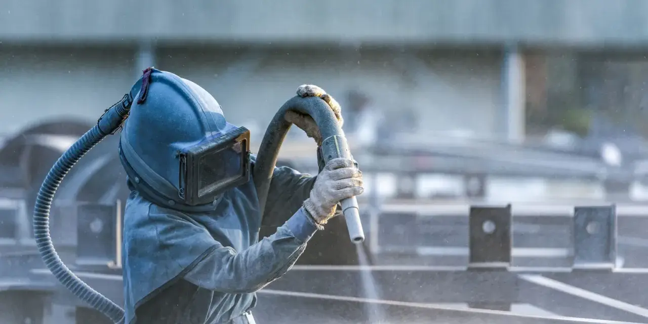 Pracownik w masce piaskuje metalowe elementy. To część pracy z maszynami do metalu, gdzie precyzja jest kluczowa.