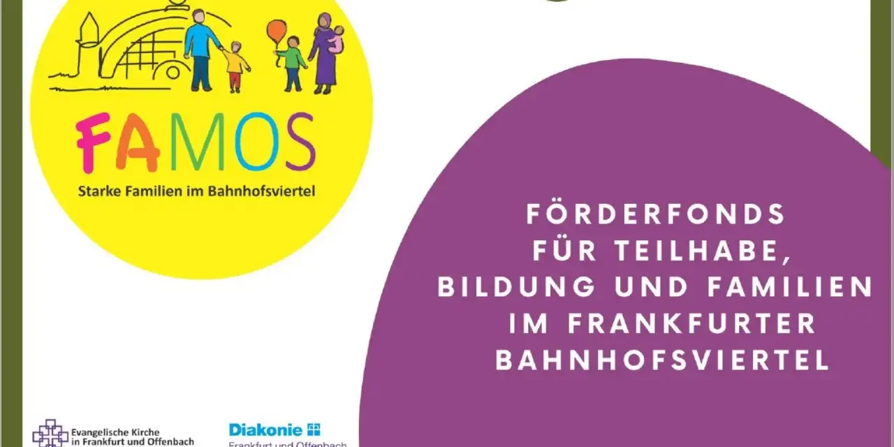 Gelbe Kreisgrafik mit stilisierten Familien und dem Schriftzug FAMOS.