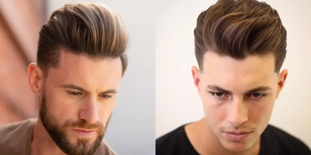 Dwóch mężczyzn z modną fryzurą quiff. Włosy zaczesane do góry, z objętością na przodzie.