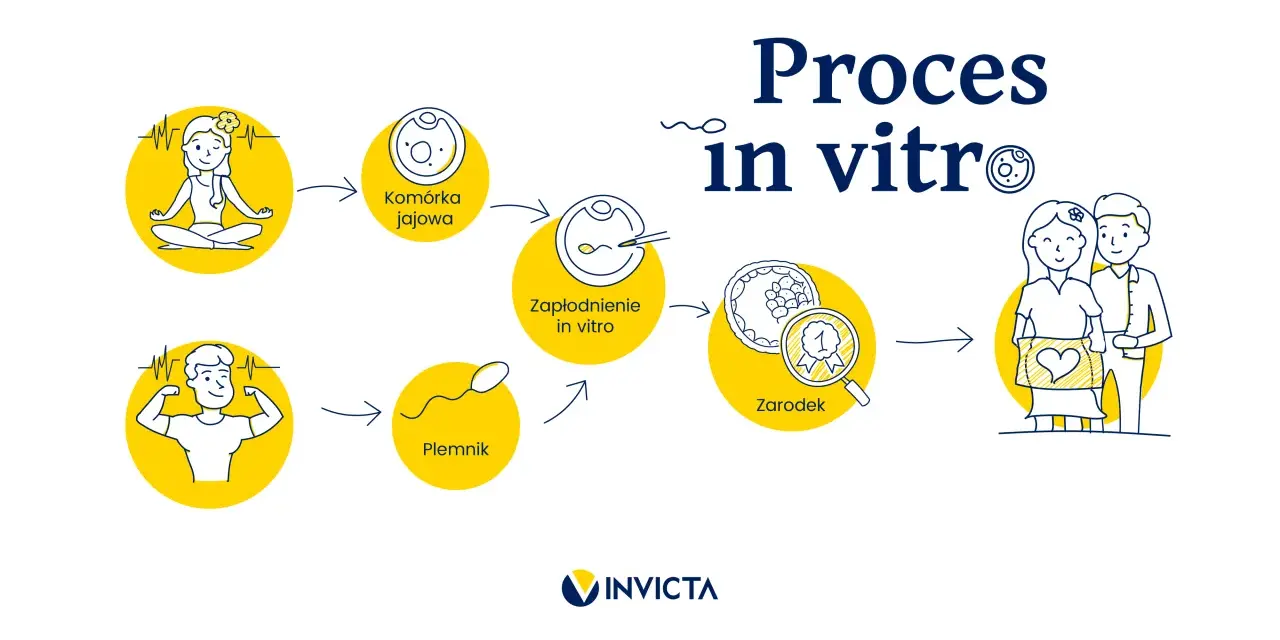 Ilustracja przedstawia proces in vitro: od komórki jajowej i plemnika, przez zapłodnienie, rozwój zarodka, aż po szczęśliwą parę z dzieckiem.