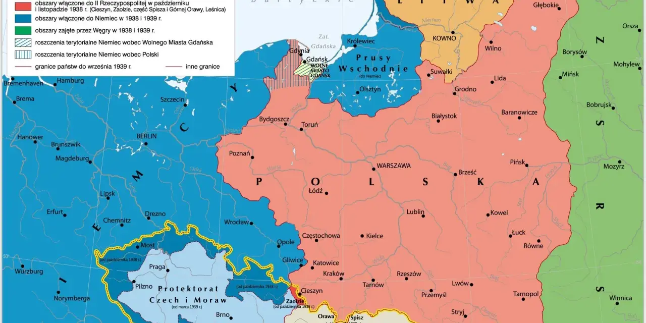 Mapa przedstawia **powierzchnię Polski w 1939** roku, ukazując tereny sporne między Polską, Niemcami i Czechosłowacją, w tym obszary zajęte przez Niemcy i Węgry.