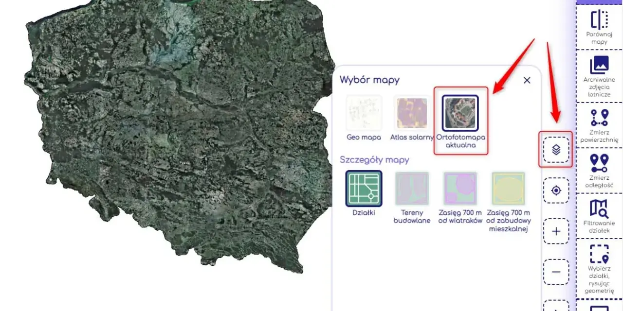 Wybierz ortofotomapę, aby sprawdzić wymiary działki. Zobaczysz szczegóły mapy, jak działki i tereny budowlane.