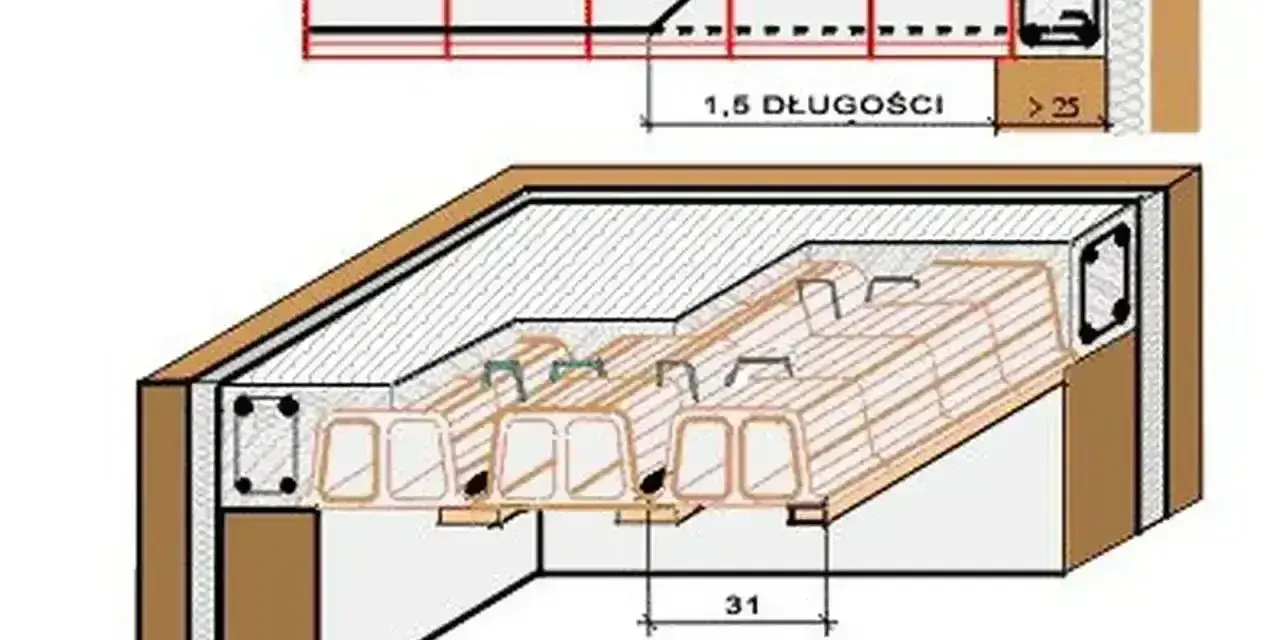 Schemat stropu Ackermana z pustakami ceramicznymi i zbrojeniem. Widok przekroju i perspektywy.