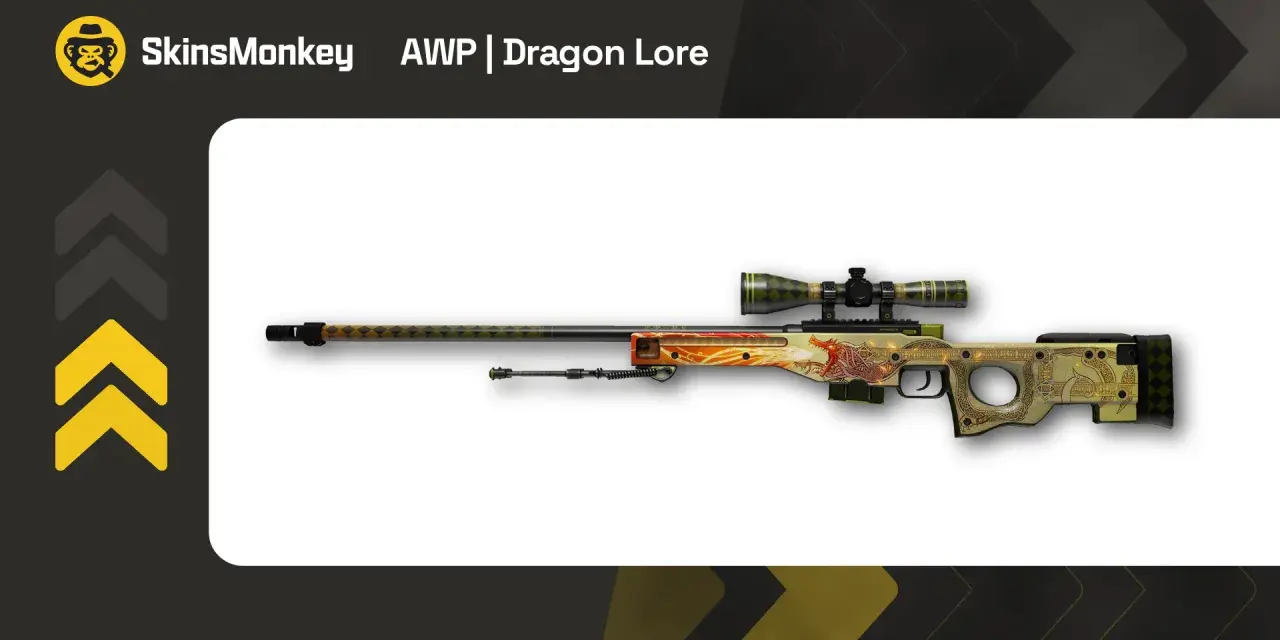 AWP | Dragon Lore, najdroższy skin w CS:GO, z motywem smoka i celownikiem.