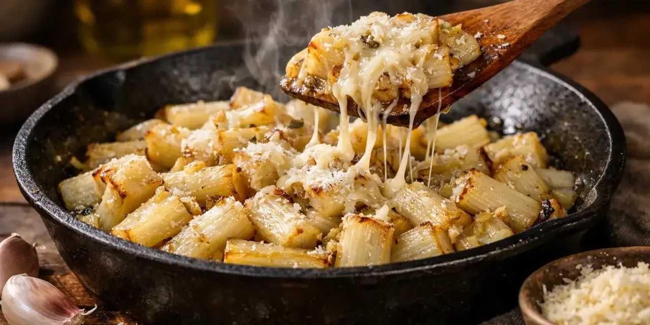 Cosses de blettes gratinées au fromage fondant, servies dans une poêle en fonte, avec de l'ail et du parmesan à proximité.
