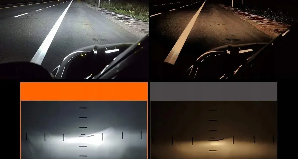 Porównanie świateł drogowych h16: jasne białe światło vs. ciepłe żółte. Widok z perspektywy kierowcy i wykres rozkładu światła.