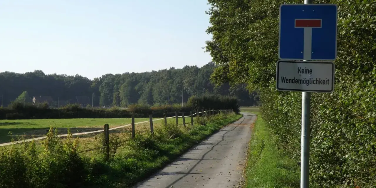 Strada sterrata con segnale 225 (strada senza uscita). Campo verde e bosco sullo sfondo.